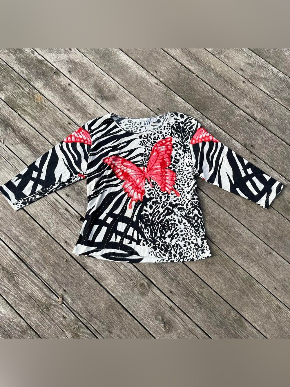 Keren Hart black/ivory + pink butterfly print 3/4 sleeve blouse